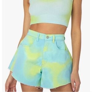 NWT WEWOREWHAT FLARE BELL ZVI TIE DYE SHORTS, SIZE 25, BLUE & GREEN